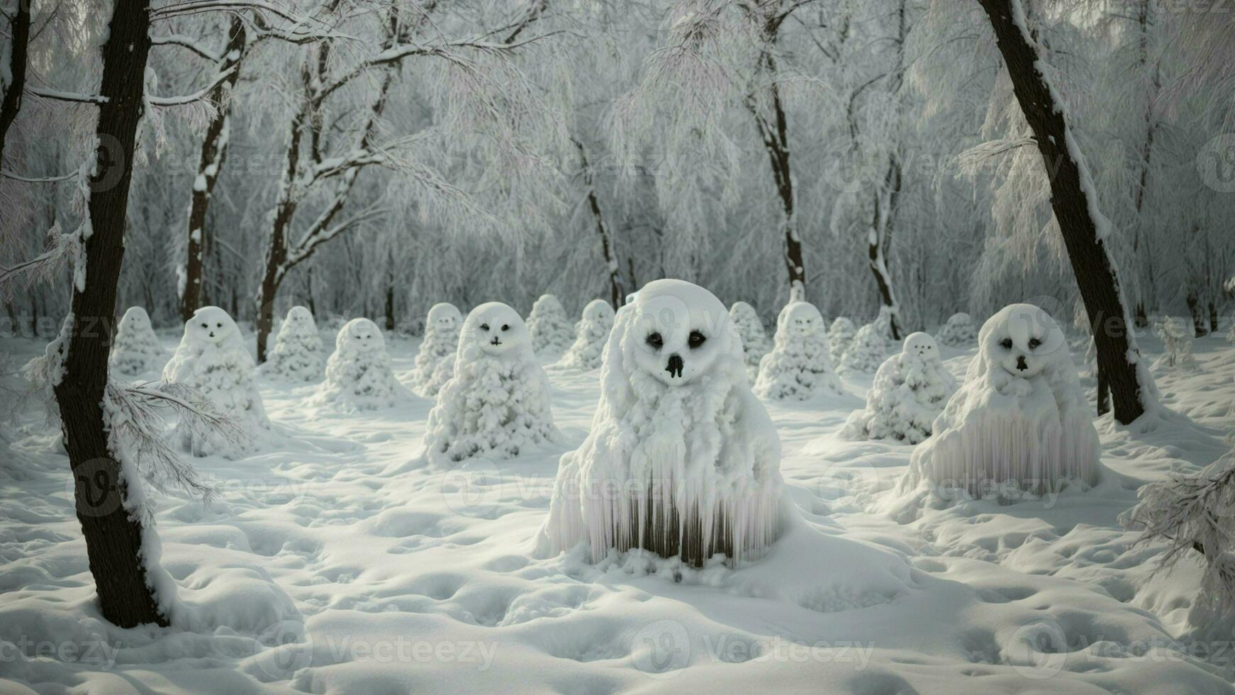 ai généré décris le phénomène de neige des fantômes établi par le accumulation de neige sur le tordu branches de une à feuilles caduques forêt. photo