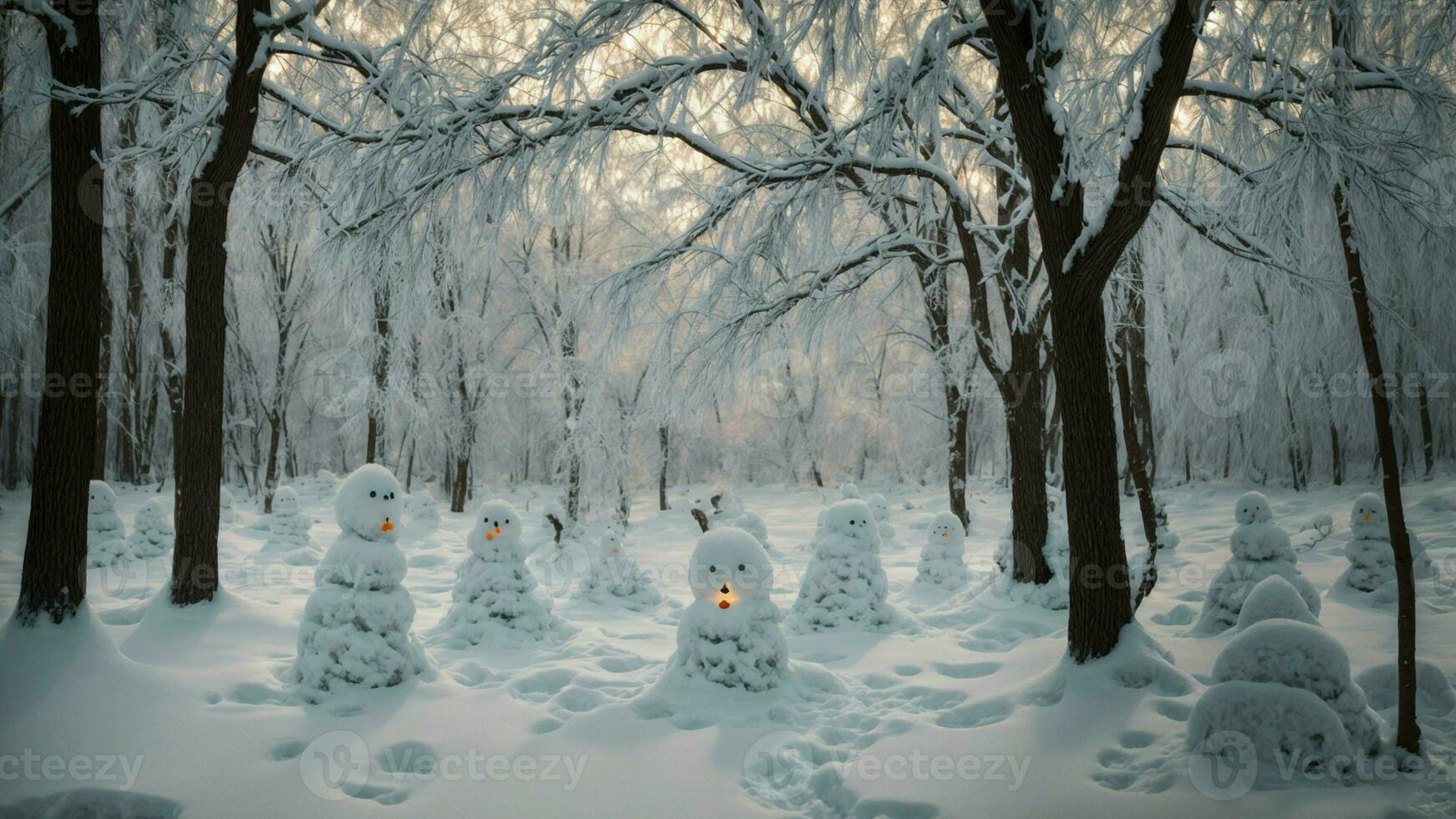 ai généré décris le phénomène de neige des fantômes établi par le accumulation de neige sur le tordu branches de une à feuilles caduques forêt. photo