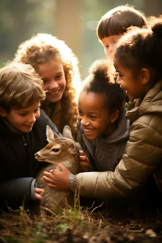 ai généré groupe de les enfants recueillies autour une bébé cerf, souriant et doucement caresse ses doux fourrure photo