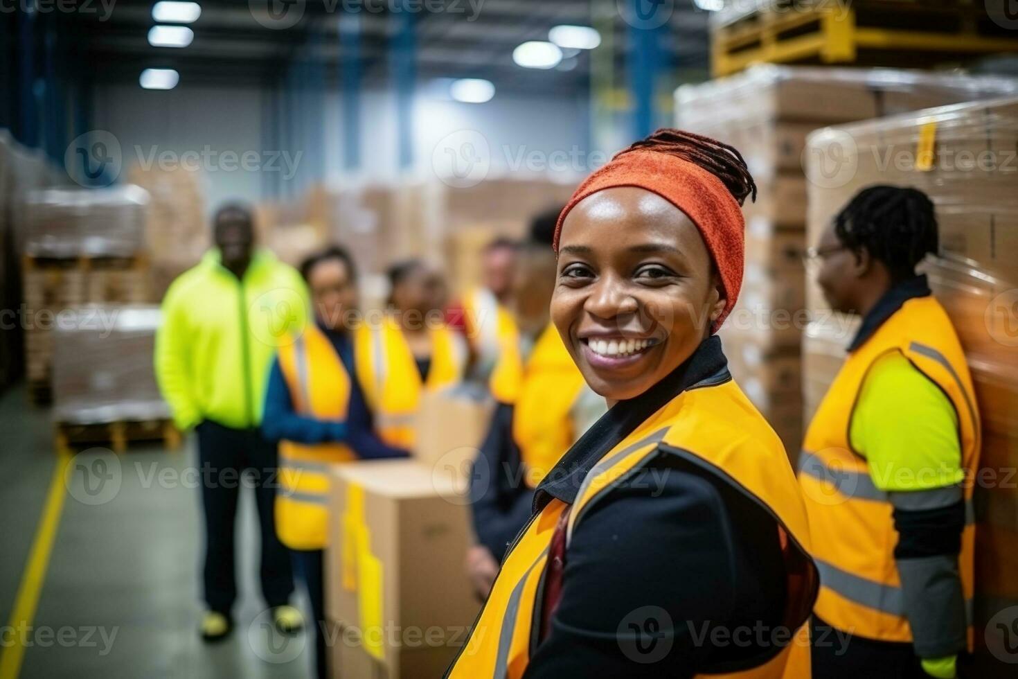 ai généré portrait de souriant femelle entrepôt ouvrier permanent avec Personnel dans Contexte à entrepôt photo