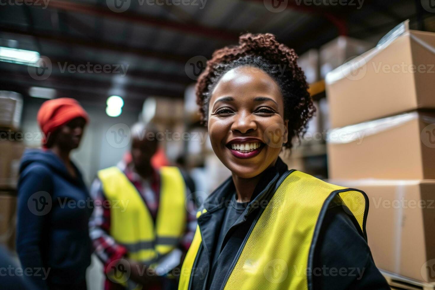 ai généré portrait de souriant africain américain femelle entrepôt ouvrier permanent dans entrepôt avec collègues dans Contexte photo