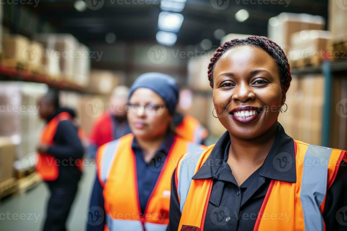 ai généré portrait de souriant africain américain femelle entrepôt ouvrier permanent dans entrepôt avec collègues dans Contexte photo