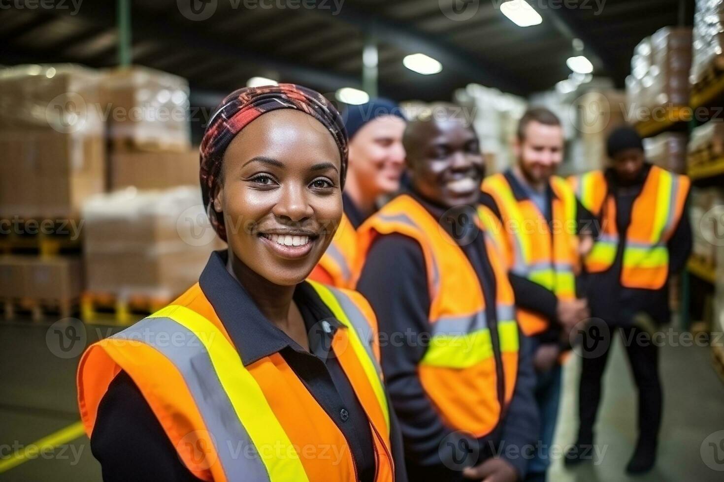 ai généré portrait de souriant africain américain femelle entrepôt ouvrier permanent dans entrepôt avec collègues dans Contexte photo