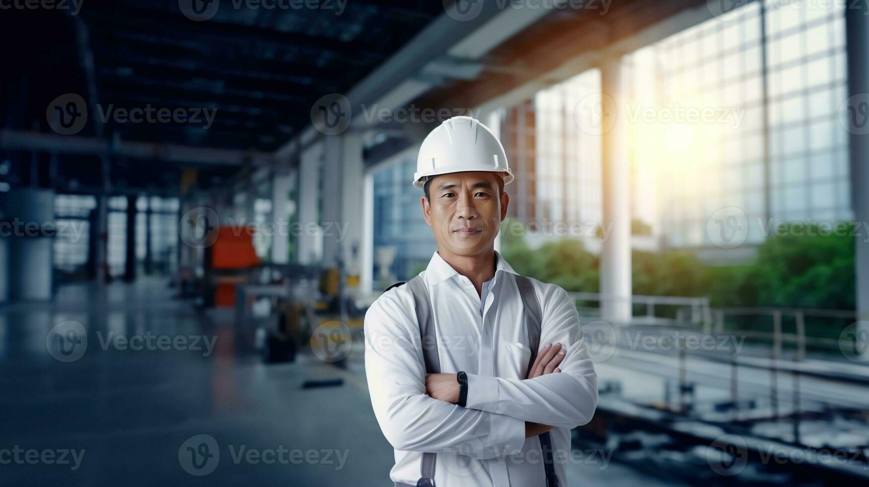 ai généré portrait de asiatique ingénieur ou architecte sur construction site avec bâtiment Contexte photo