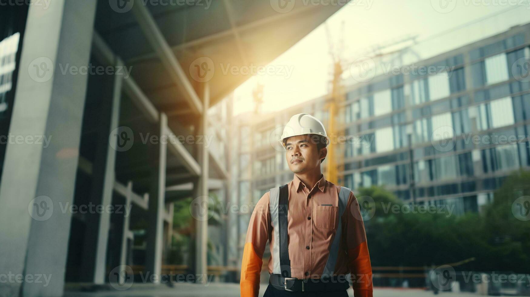 ai généré portrait de asiatique ingénieur ou architecte sur construction site avec bâtiment Contexte photo