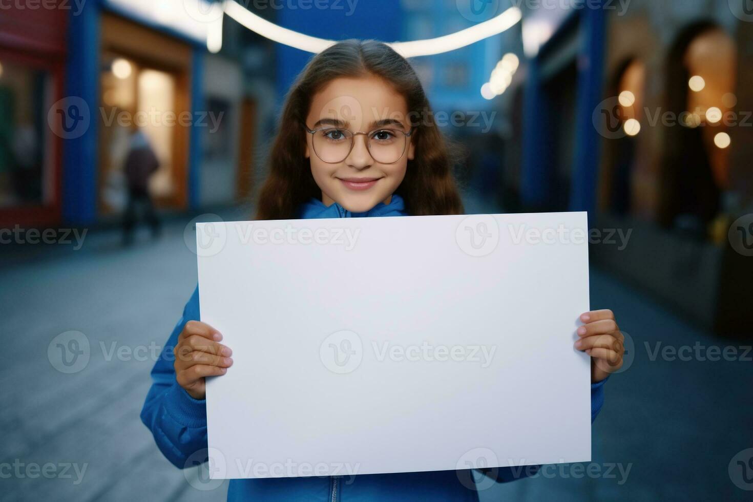 ai généré mignonne peu fille en portant Vide blanc feuille de papier dans sa mains photo