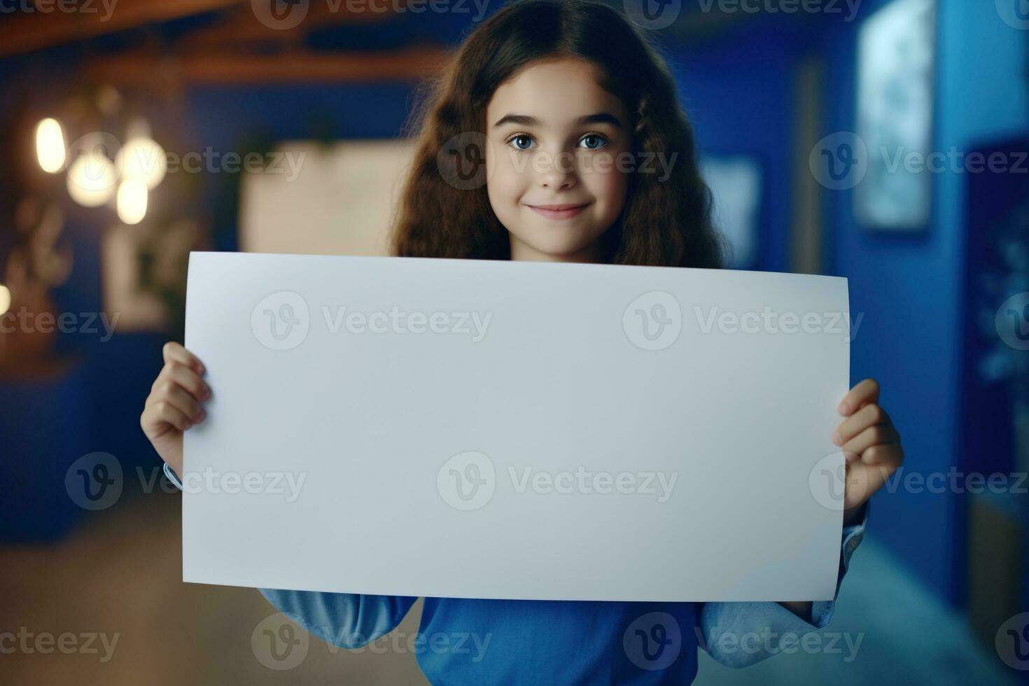 ai généré mignonne peu fille en portant Vide blanc feuille de papier dans sa mains photo