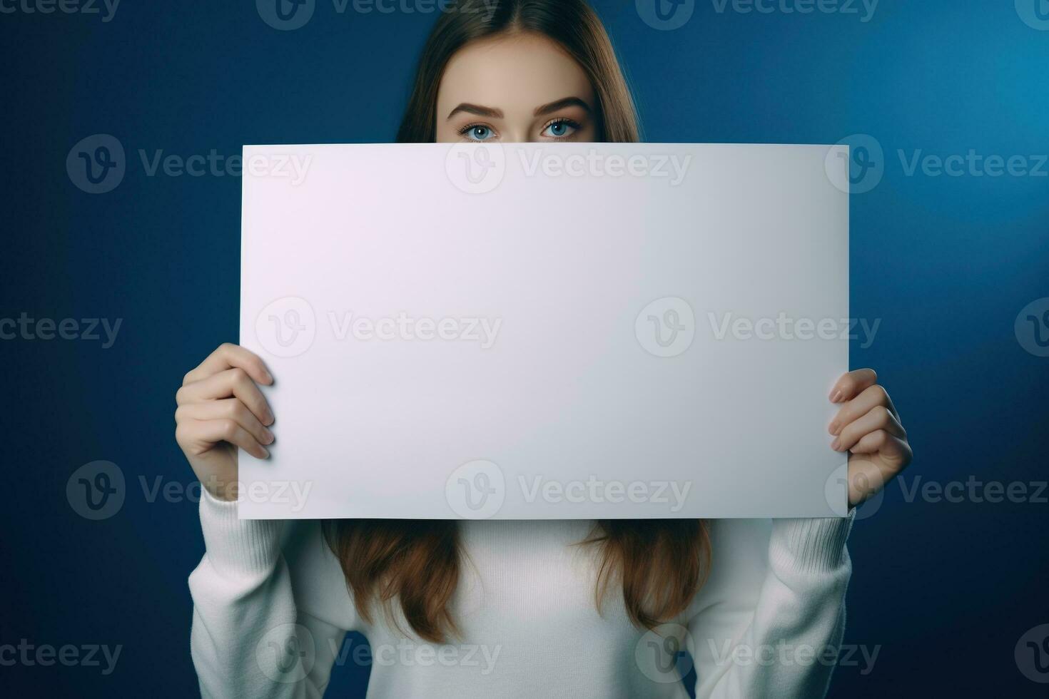 ai généré mignonne peu fille en portant Vide blanc feuille de papier dans sa mains photo