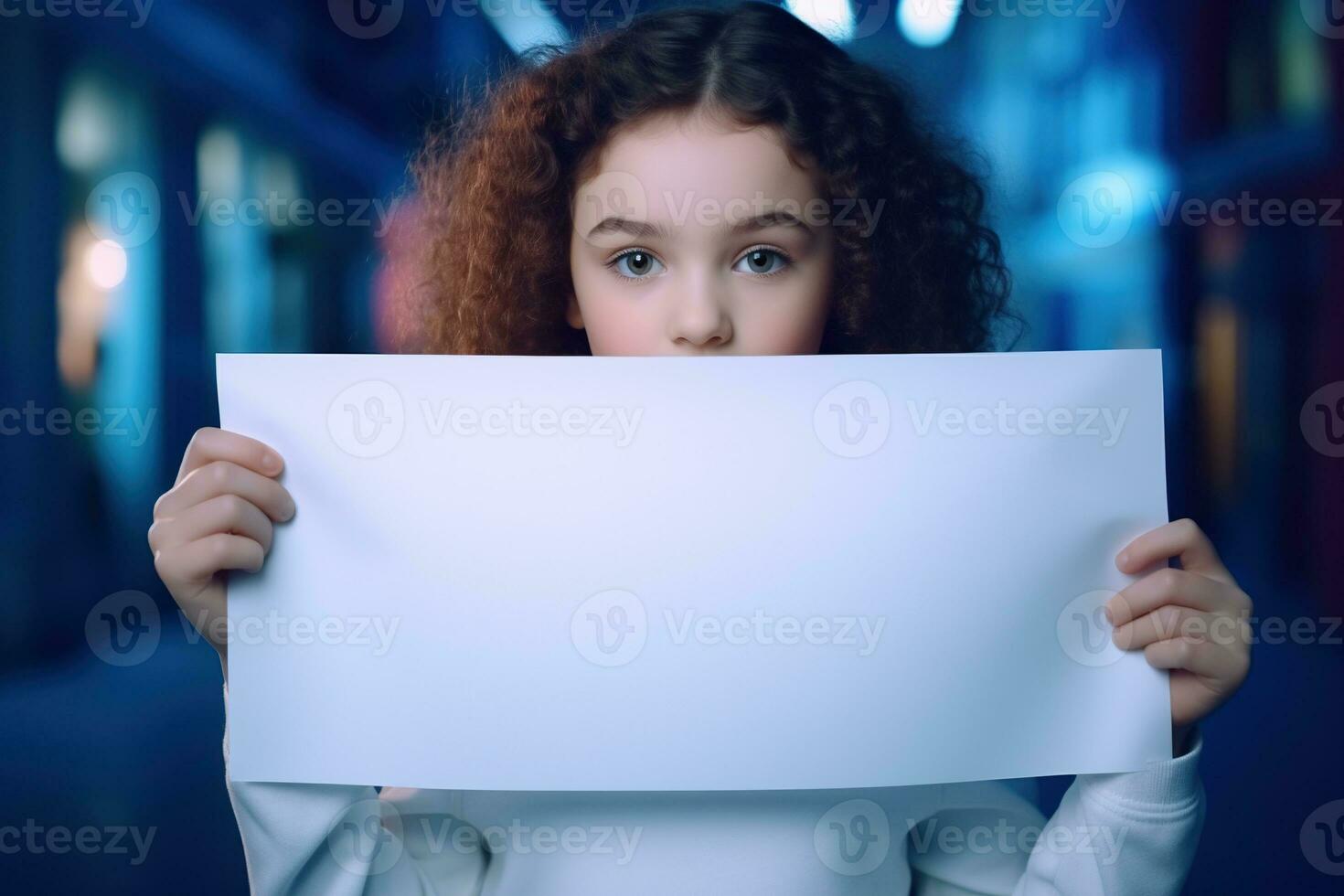 ai généré mignonne peu fille en portant Vide blanc feuille de papier dans sa mains photo