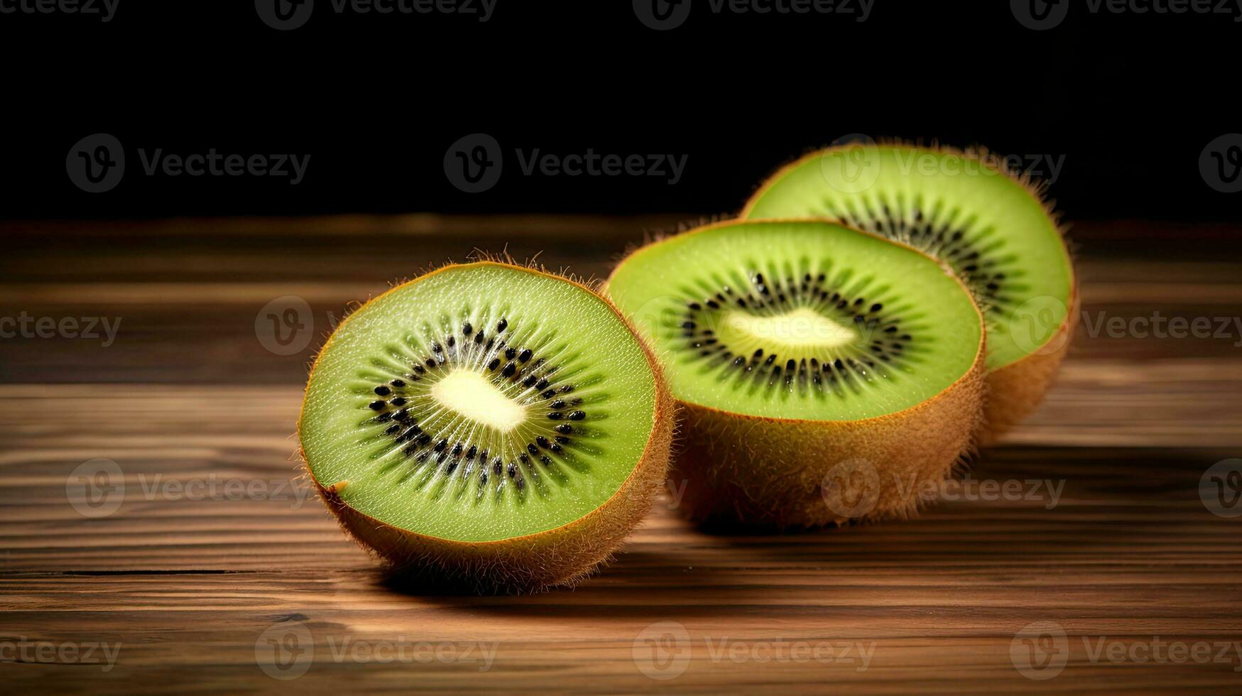 ai généré Frais kiwi tranche sur le en bois table ai génératif photo