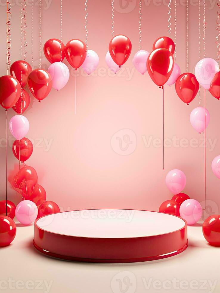 ai généré luxe podium avec rouge rose ballon ai génératif photo