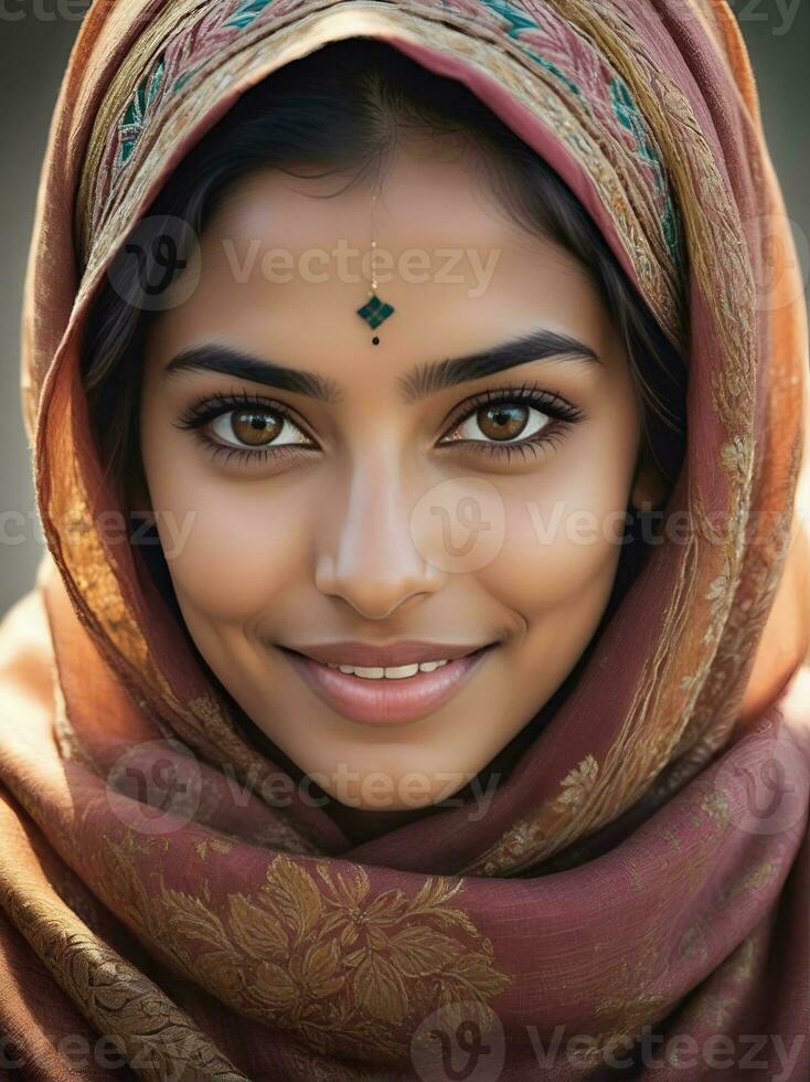 ai généré magnifique musulman femme souriant et en riant portant une hijab et décoré châle photo