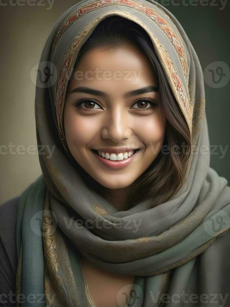 ai généré magnifique musulman femme souriant et en riant portant une hijab et décoré châle photo