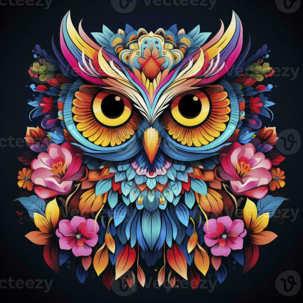 ai généré multicolore mandala hibou coloration page pour adultes. ai généré photo