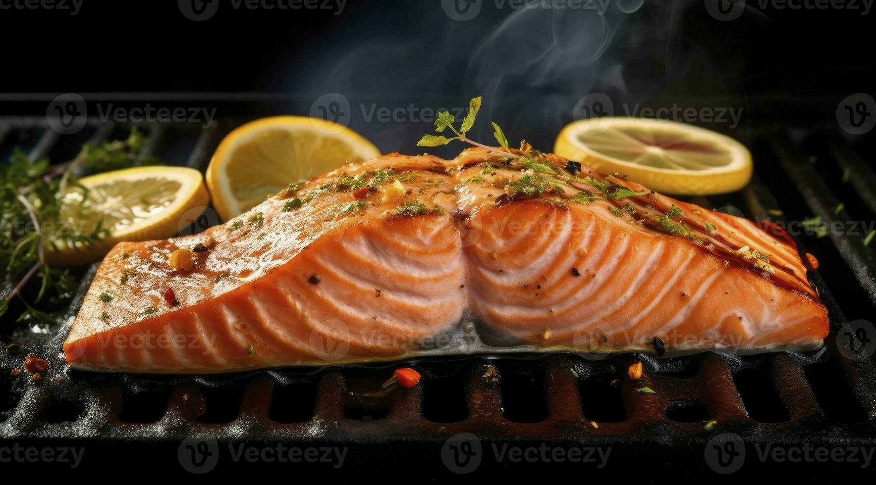 ai généré gourmet escalope de Frais Saumon chevronné avec herbes, épices, et citron zeste grillage sur une plaque. ai généré. photo