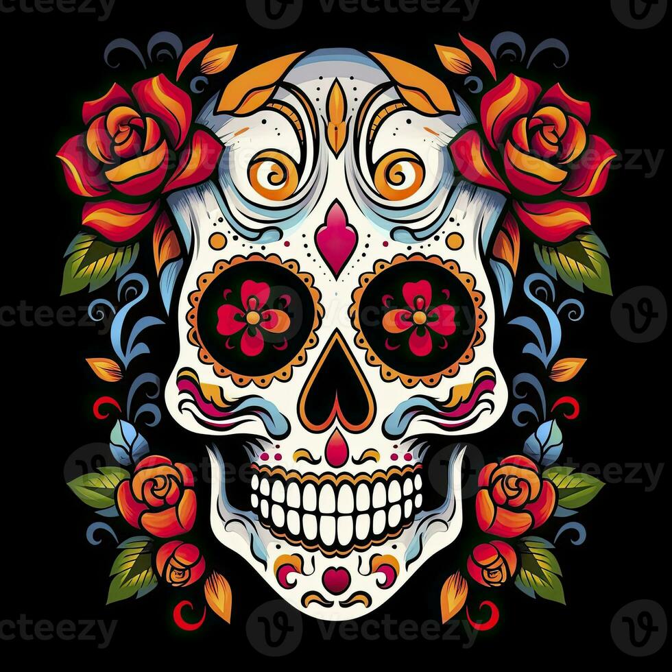 ai généré mexicain des roses crâne. mexicain des roses crâne. dia de los muertos shugar coloré diriger. ai généré photo