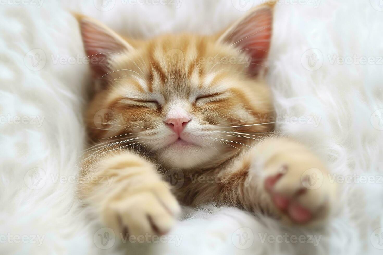 ai généré rouge chaton, chat en train de dormir mignonne sur blanc fourrure. génératif ai photo