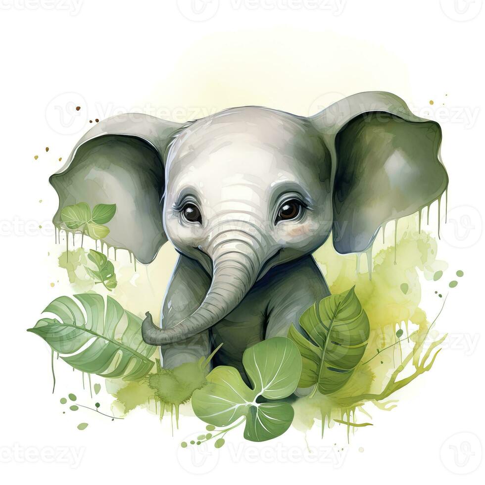 ai généré content mignonne bébé l'éléphant dans vert feuilles dans le aquarelle style. ai généré photo