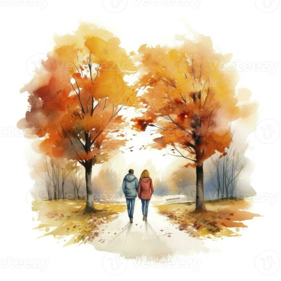 ai généré aquarelle l'automne paysage avec une couple marche. ai généré photo