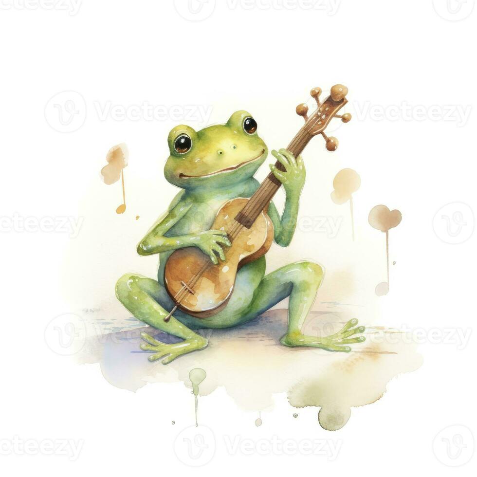 ai généré aquarelle vert grenouille en jouant une minuscule musical instrument sur blanc Contexte. ai généré photo