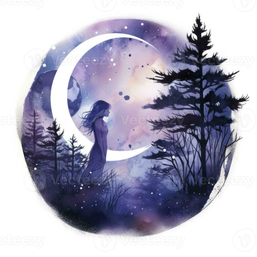 ai généré forêt lune silhouette avec Fée brillant dans le nuit ciel sur une blanc Contexte. ai généré photo
