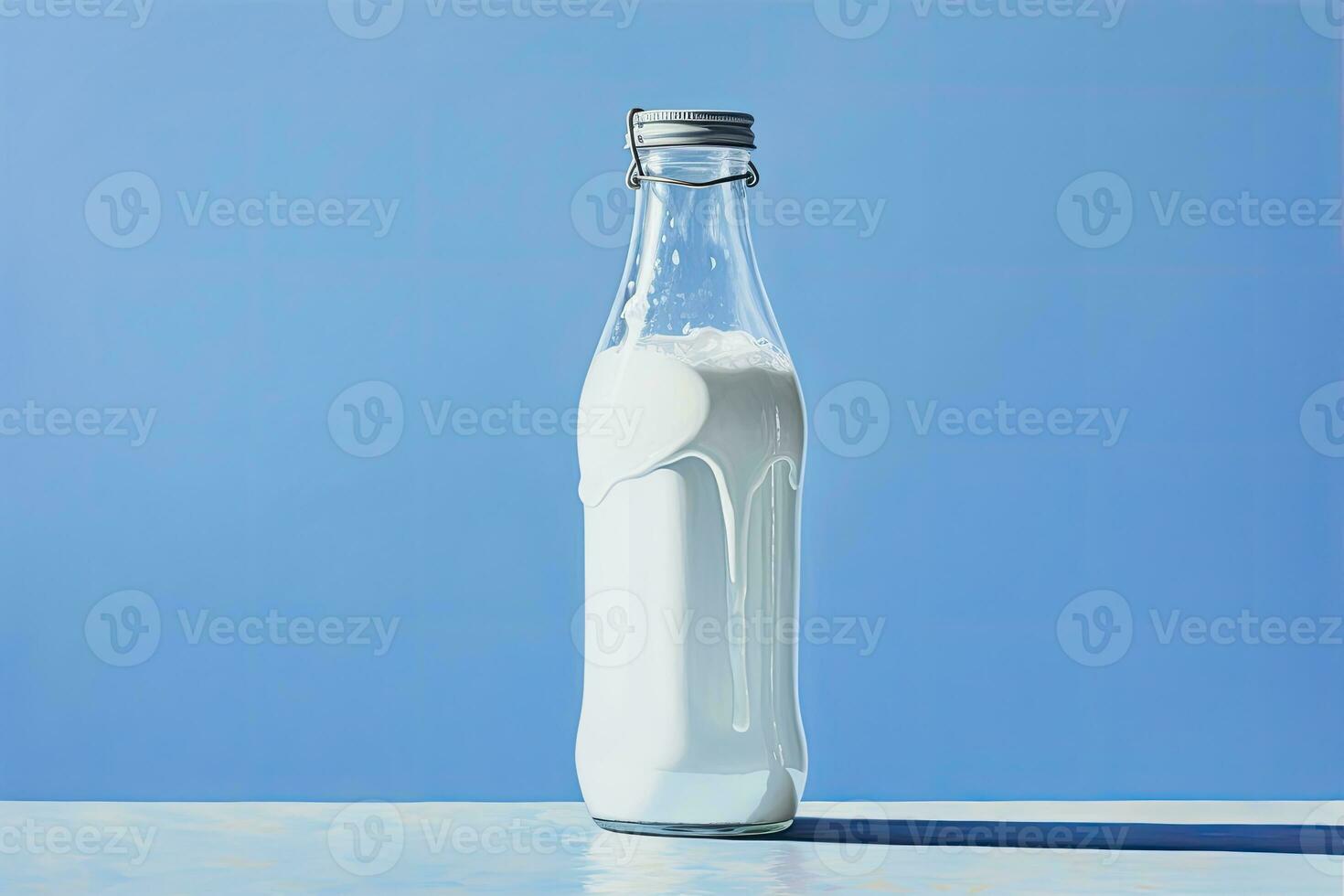 ai généré une verre bouteille avec plein Lait sur bleu Contexte. ai généré photo