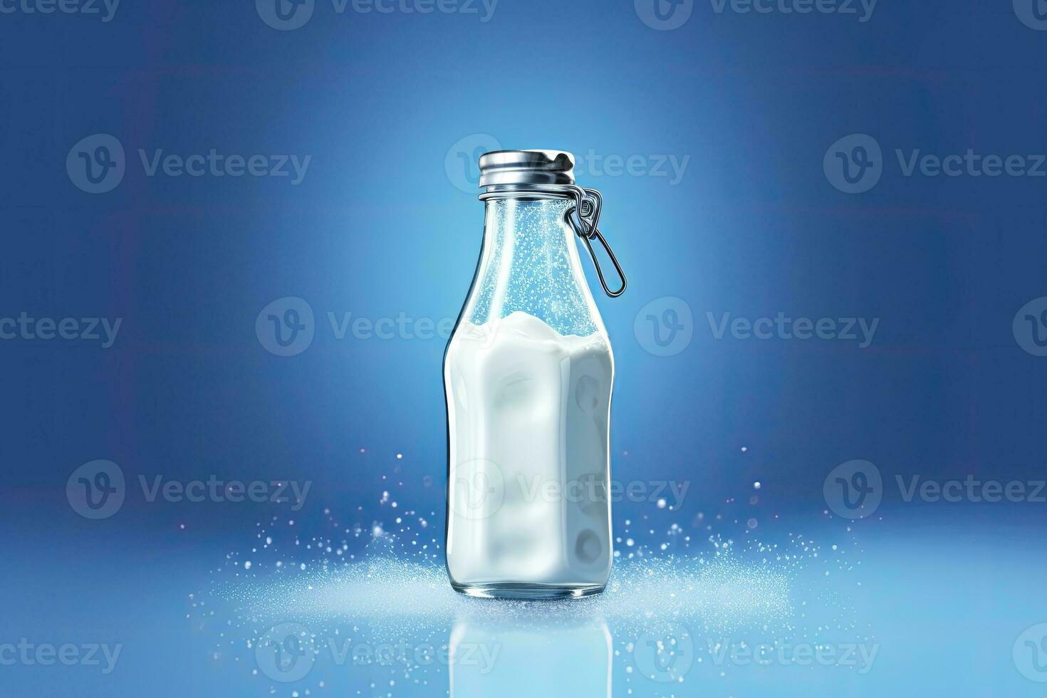 ai généré une verre bouteille avec plein Lait sur bleu Contexte. ai généré photo