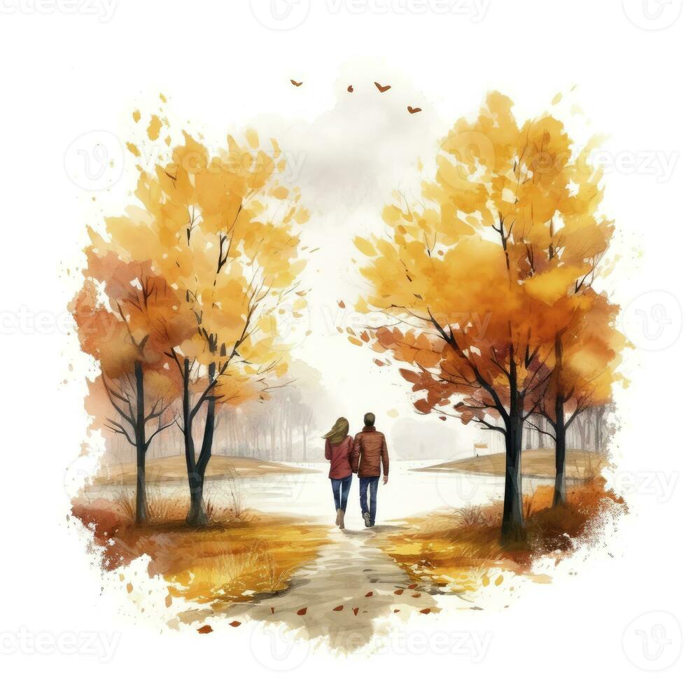 ai généré aquarelle l'automne paysage avec une couple marche. ai généré photo