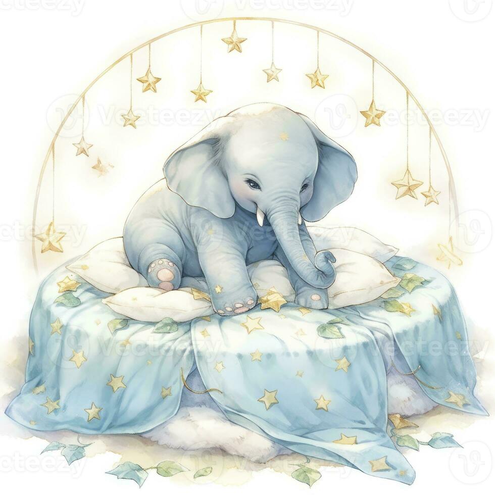 ai généré un l'éléphant sur une lit avec étoiles et couvertures autour le cercle. ai généré photo