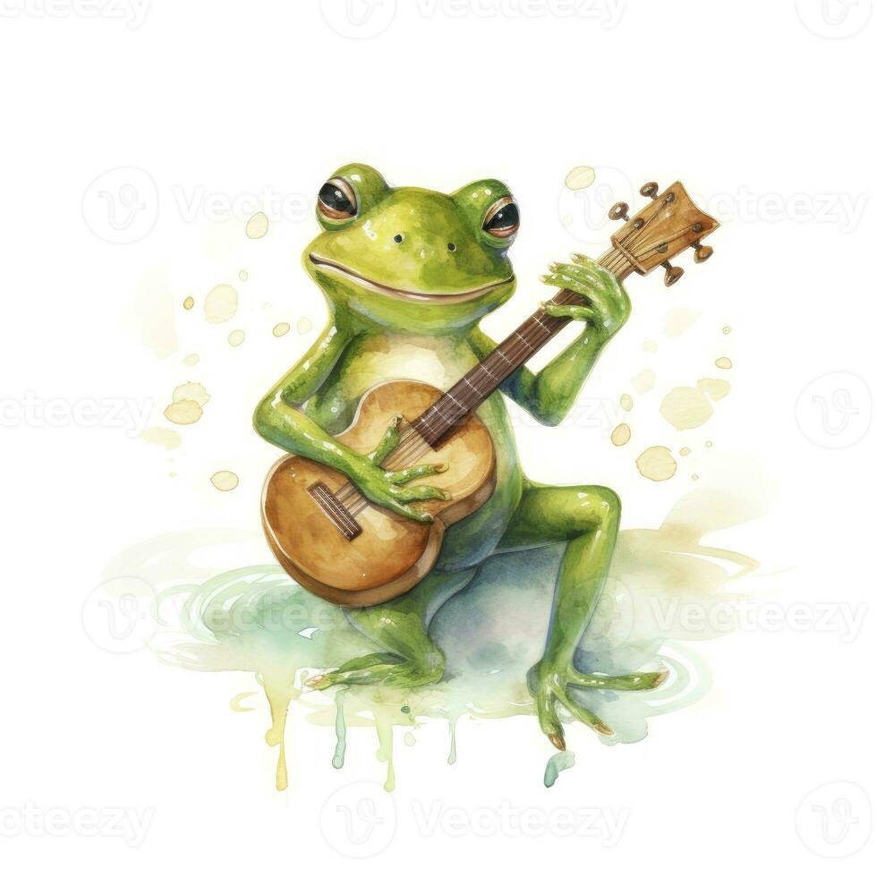 ai généré aquarelle vert grenouille en jouant une minuscule musical instrument sur blanc Contexte. ai généré photo