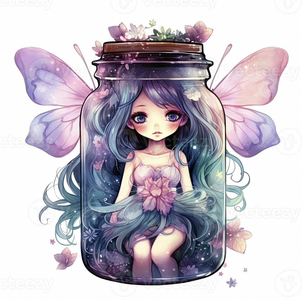 ai généré aquarelle fantaisie pastel Goth minuscule Fée dans une pot. ai généré photo