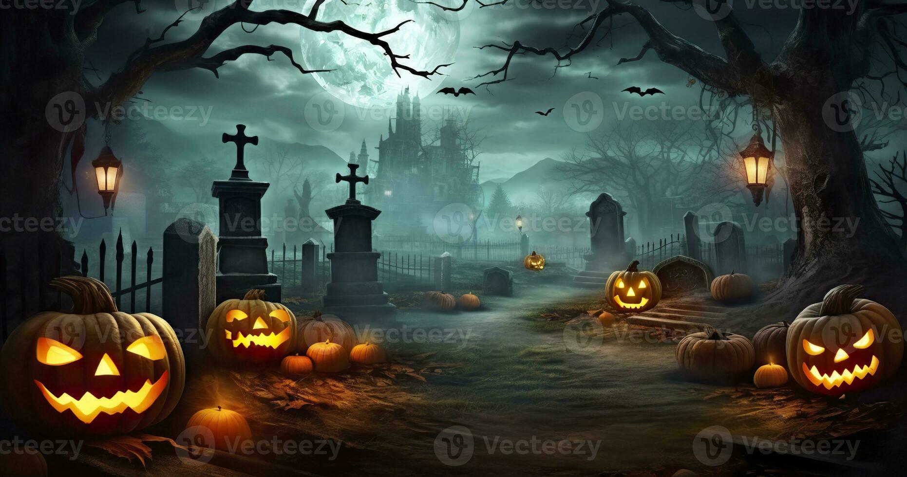 ai généré citrouilles dans cimetière dans le effrayant nuit, Halloween toile de fond. génératif ai photo