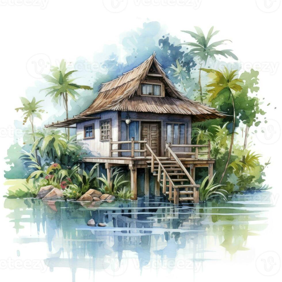 ai généré une aquarellé brillant serein image de une traditionnel Bahay Kubo. ai généré photo