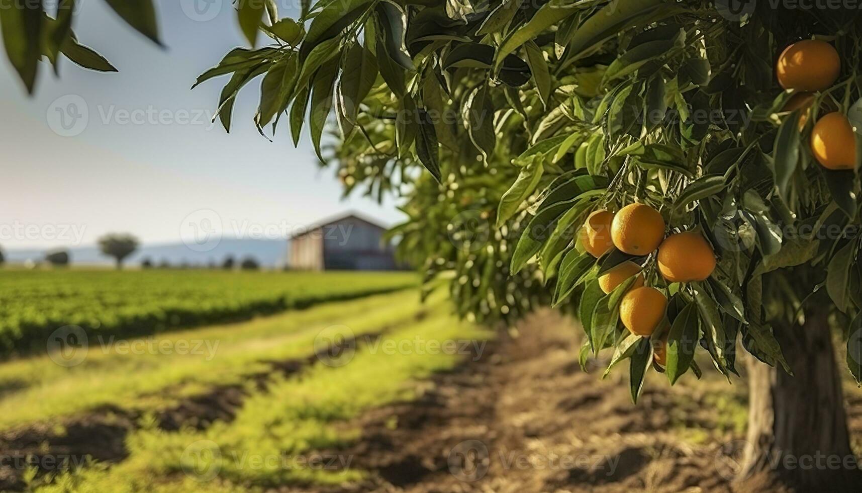 ai généré un Orange arbre est dans le premier plan avec une ferme champ Contexte. génératif ai photo