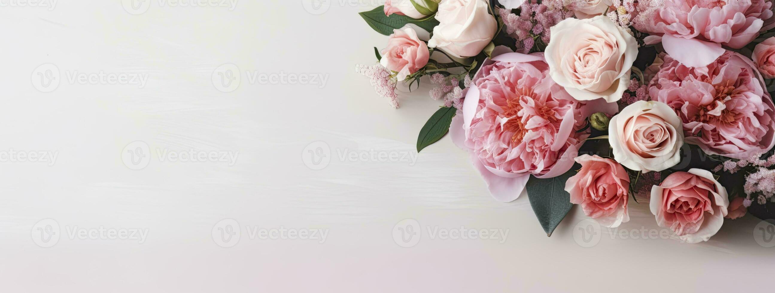 ai généré Frais bouquet de rose pivoines et des roses avec copie espace. ai généré photo