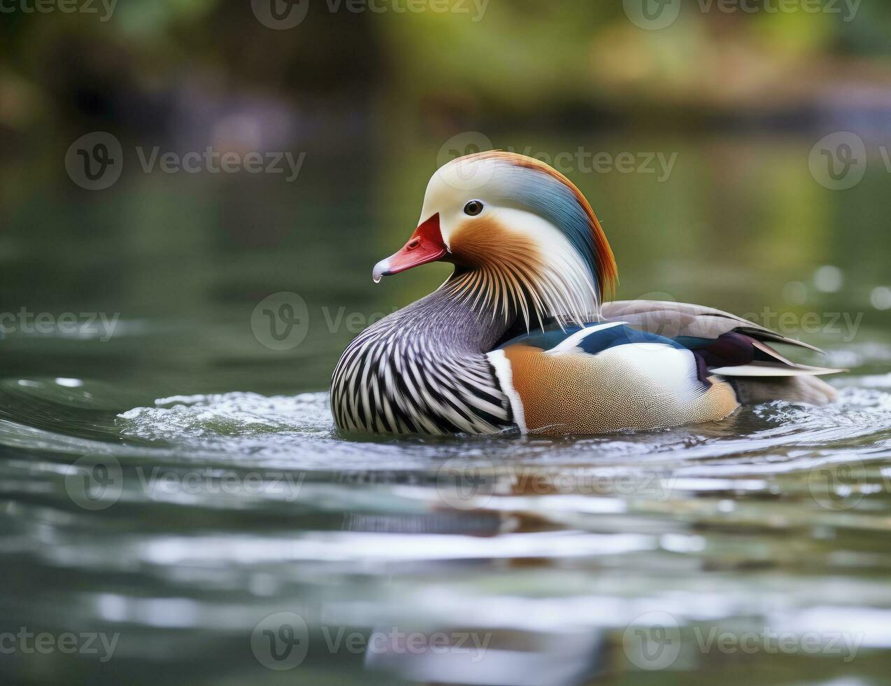 ai généré fermer de mandarin canard nager dans lac. génératif ai. photo