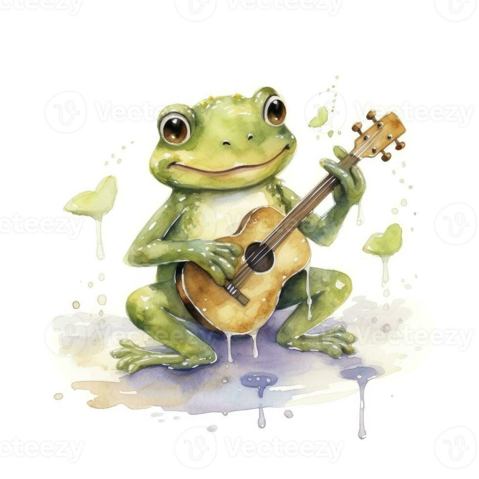 ai généré aquarelle vert grenouille en jouant une minuscule musical instrument sur blanc Contexte. ai généré photo