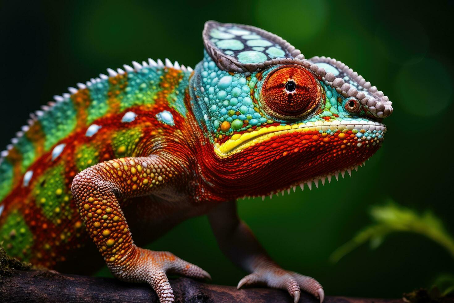 ai généré proche en haut de une coloré caméléon sur une arbre bifurquer, une fermer de une caméléon en changeant ses couleurs, ai généré photo