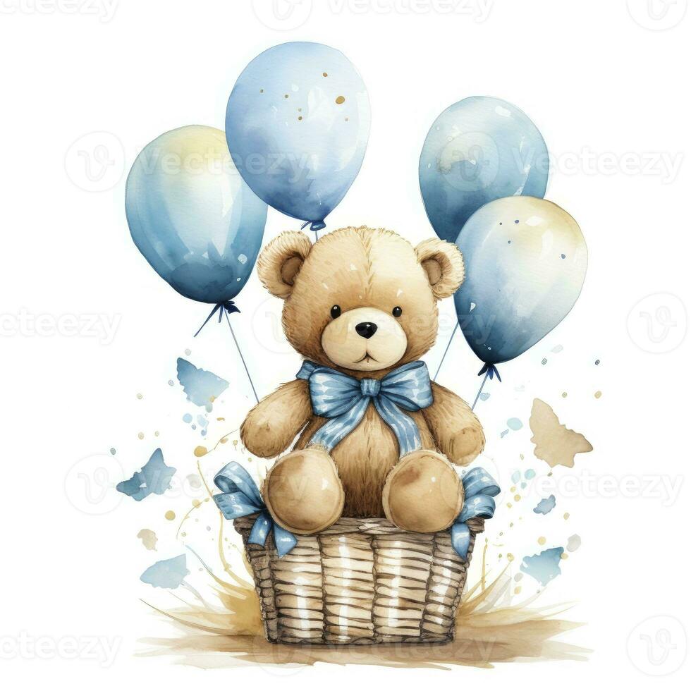 ai généré une aquarelle bébé nounours ours est séance dans le panier avec bleu et or des ballons. ai généré photo