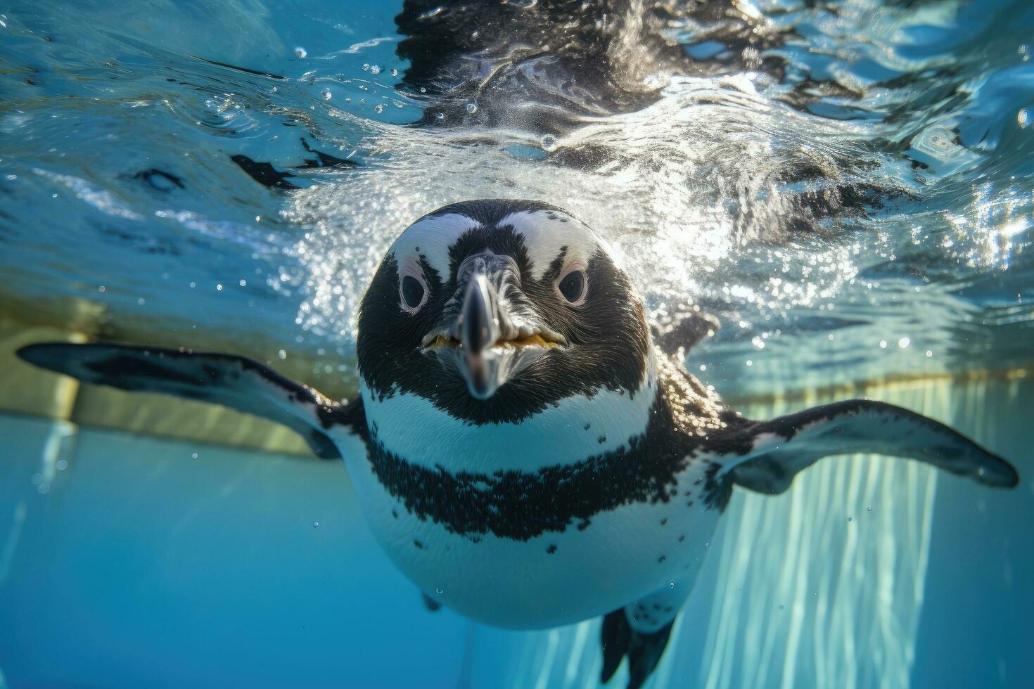 ai généré africain manchot nage dans le bassin. africain manchot sphénisque démersus aussi connu comme le âne manchot et à pieds noirs manchot, humboldt manchot est nager dans le piscine, ai généré photo