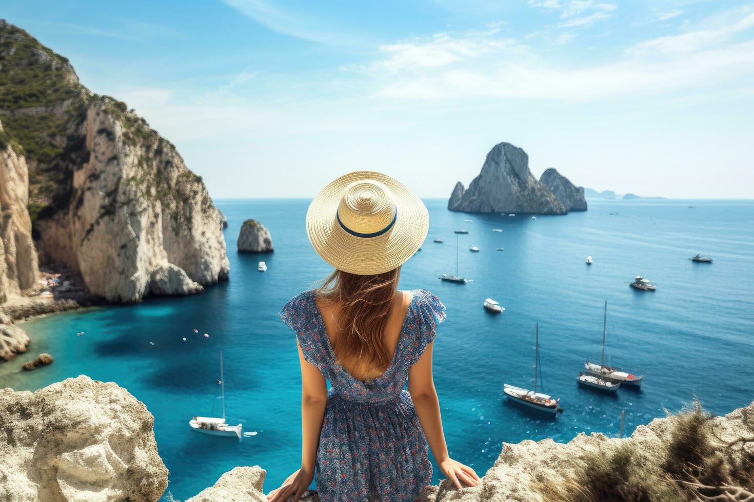 ai généré Jeune femme dans bleu robe et paille chapeau à la recherche à magnifique vue de corsaire île, Italie, vacances sur corsaire île, retour vue de une magnifique mode fille profiter le vue de le photo