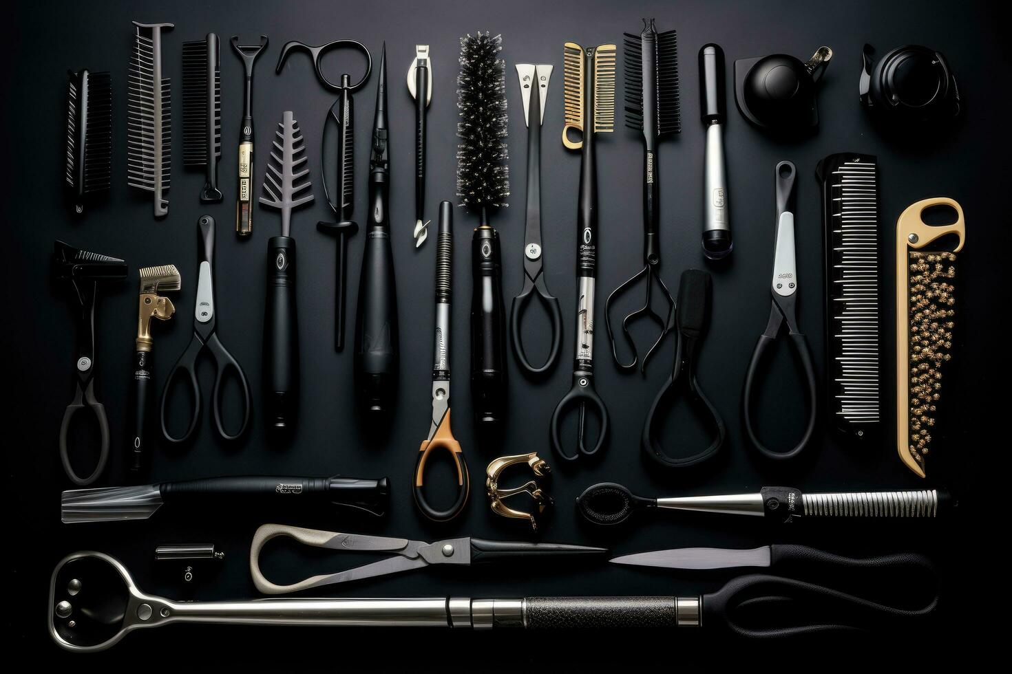 ai généré ensemble de coiffeur outils sur noir Contexte. Haut voir, plein Cadre de professionnel coiffeur outils contre une noir arrière-plan, ai généré photo