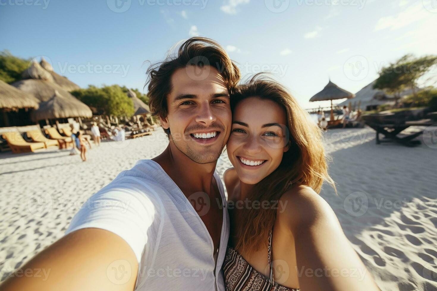 ai généré content couple prise selfie sur plage près mer. été vacances photo