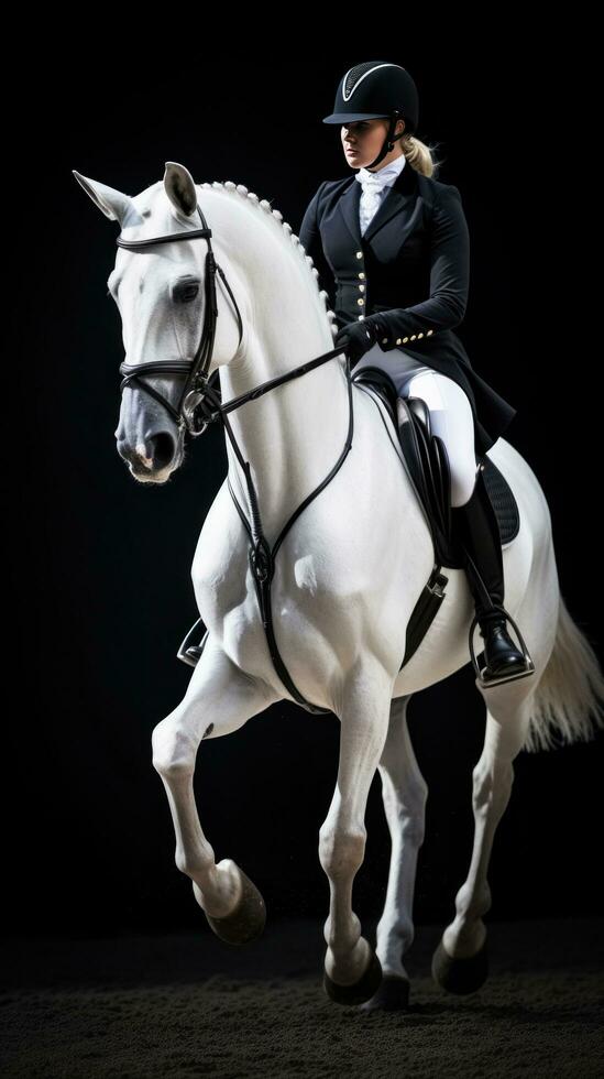 ai généré une magnifique coup de une cheval et cavalier dans plein dressage insignes royaux, exécution une parfait sauter photo