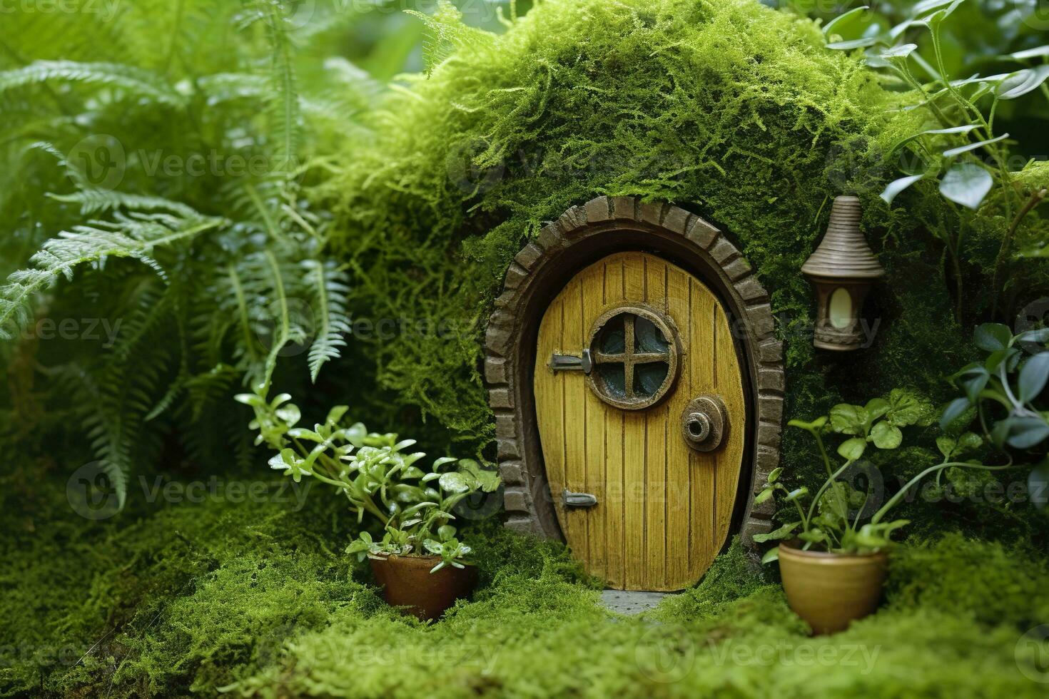 ai généré peu la magie en bois Fée des portes et les plantes laisser sur une moussu Naturel vert Contexte. ai généré photo