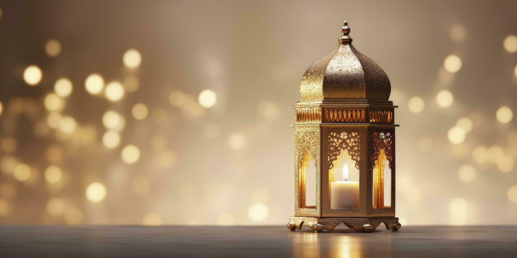 ai généré fête de islamique eid mubarak et eid Al adha lanterne dans une lumière Contexte. ai généré photo