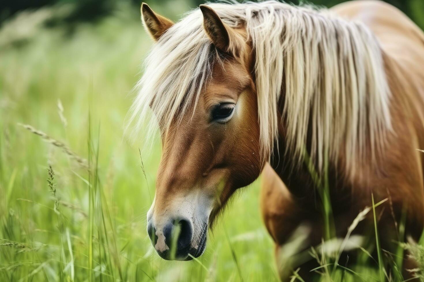 ai généré marron cheval avec blond cheveux mange herbe sur une vert Prairie détail de le diriger. ai généré photo