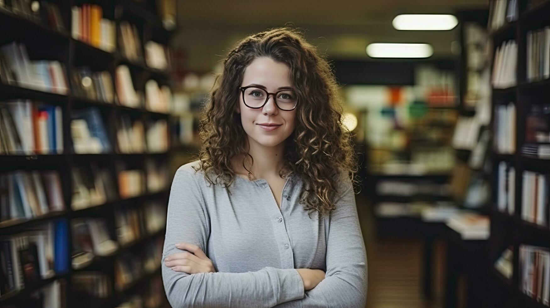 ai généré une Jeune femelle prof avec ondulé cheveux des stands parmi librairie étagères, entouré par livres. photo