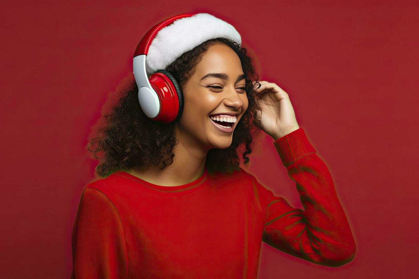 ai généré une Jeune femme enfiler une Père Noël claus chapeau et écouteurs contre une rouge Contexte. photo