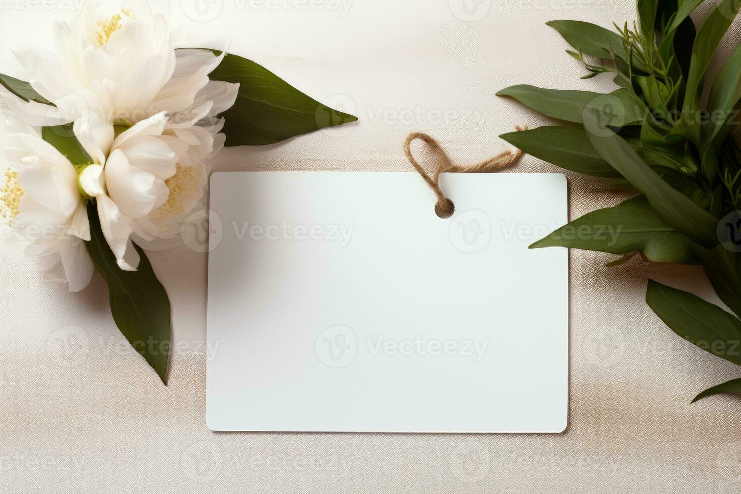 ai généré une maquette de une blanc carte et une étiquette mensonges sur une table avec printemps fleurs photo